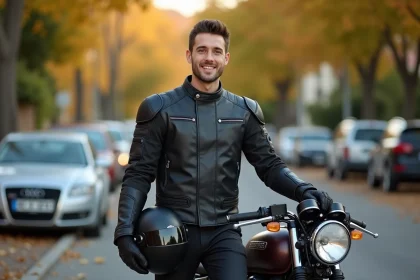 Jeune motard en veste de protection noire debout à côté d'une moto 500cc dans une rue calme en automne