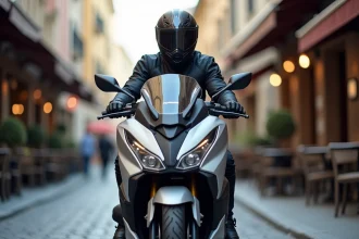 Homme en équipement de moto assis sur un Yamaha T-Max 560 dans une rue urbaine pavée