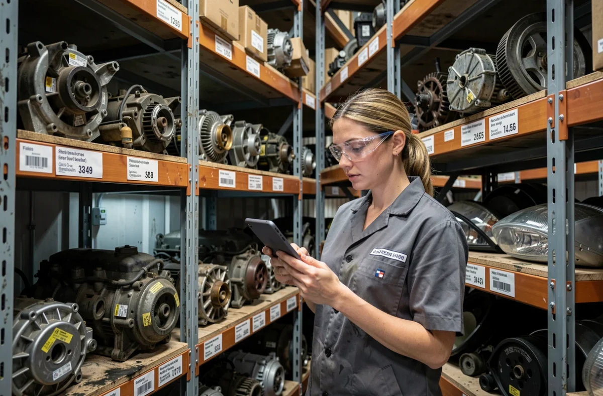 Entrepôt de pièces détachées d'occasion dans une casse automobile avec spécialiste en gestion de stock