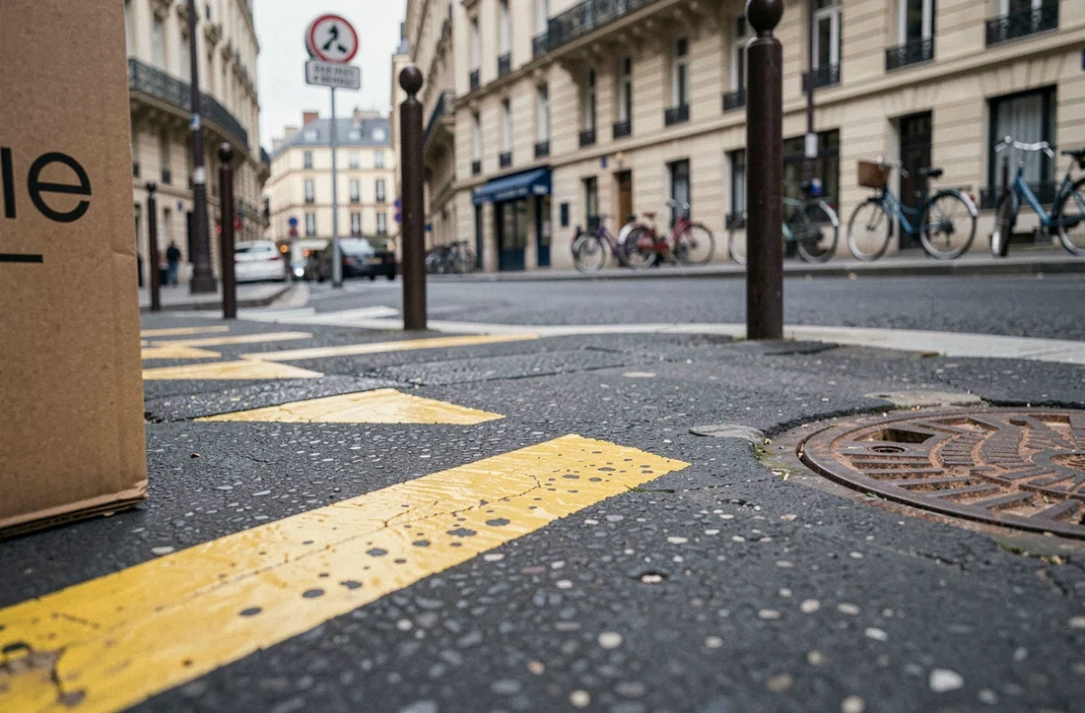 Gros plan sur les pointillés jaunes d'une zone de livraison réglementée à Paris avec une boîte de colis posée au sol