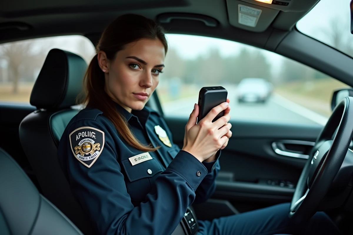 Policière utilisant un scanner électronique pour vérifier un permis de conduire depuis l'intérieur d'un véhicule de patrouille