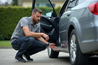 Homme inspectant le mécanisme de fermeture d'une portière de voiture dans une allée résidentielle