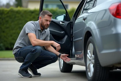 Homme inspectant le mécanisme de fermeture d'une portière de voiture dans une allée résidentielle