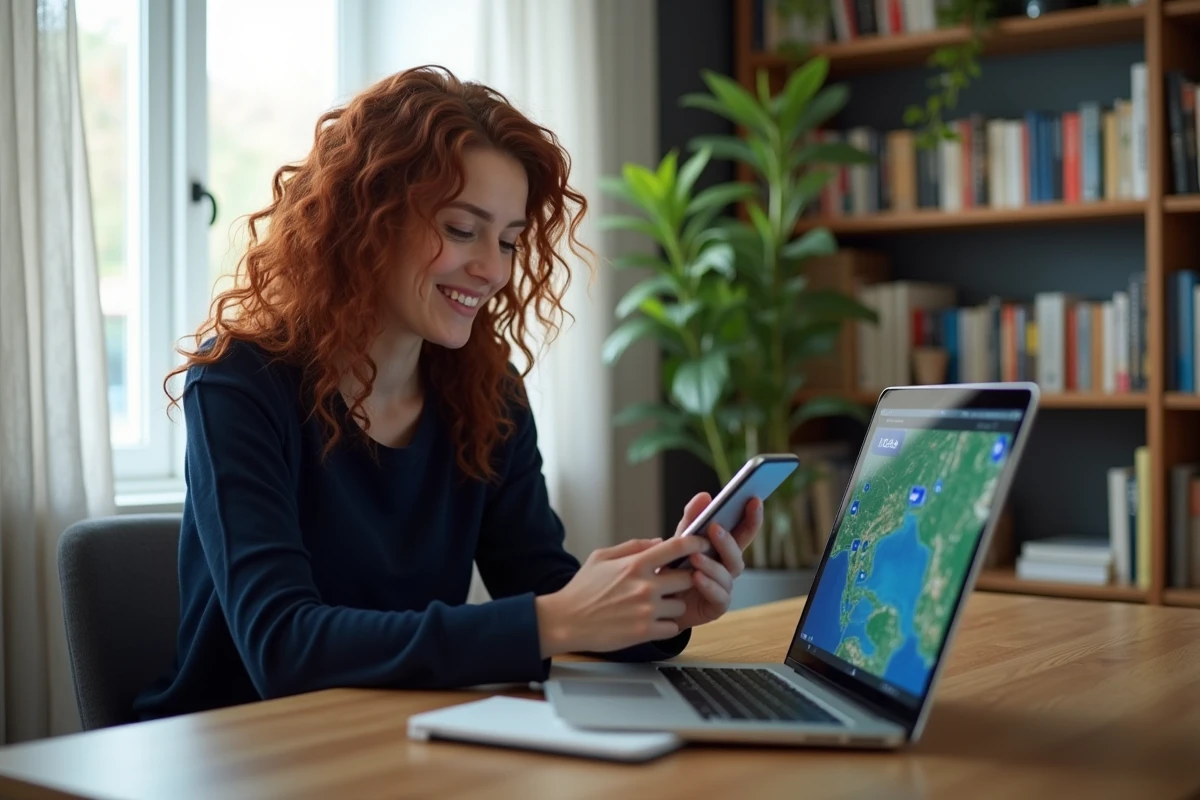Femme comparant les paramètres GPS sur smartphone et ordinateur portable pour optimiser la précision du signal