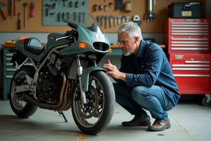 Mécanicien inspectant les freins d'une Suzuki GSXR 1100 de 1992 dans un atelier de moto avec des outils professionnels