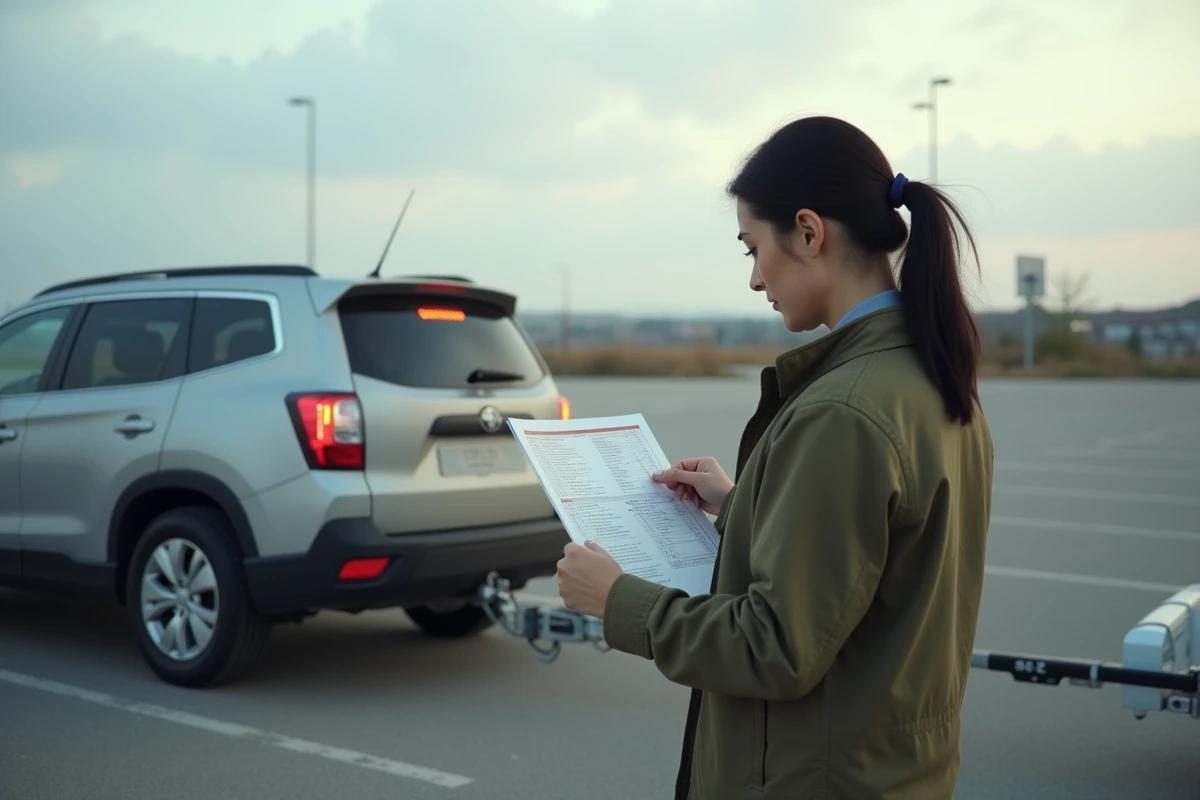 Femme étudiant les panneaux de signalisation à côté d'un véhicule avec attelage pour préparer le permis BE