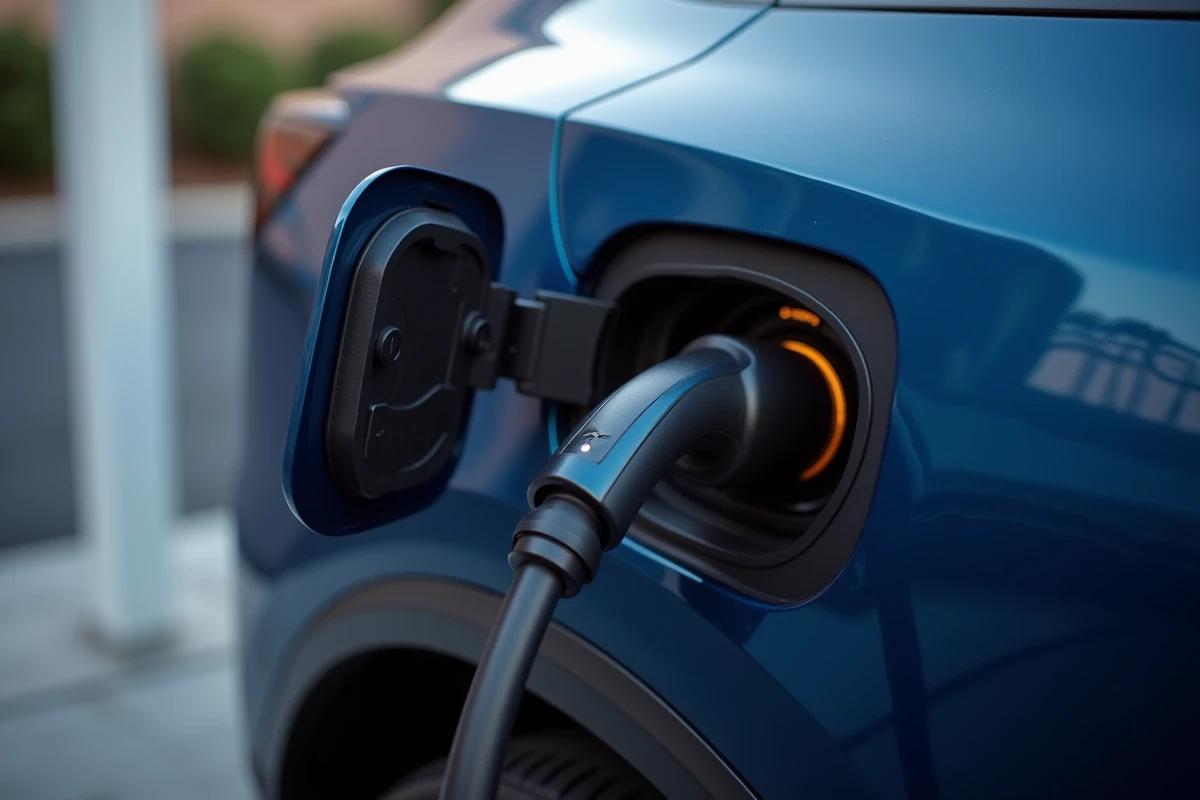 Gros plan sur le port de charge d'une Tesla connectée à un câble Supercharger