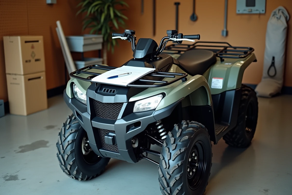 Quad garé dans un garage avec un dossier d'assurance posé sur le siège, illustrant le coût d'une assurance quad