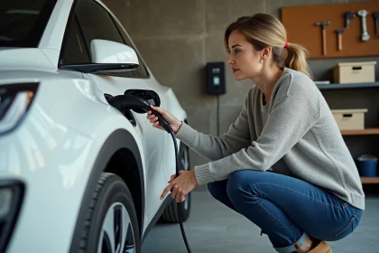Femme branchant un câble de recharge sur une voiture électrique blanche dans un garage résidentiel avec une borne de recharge murale