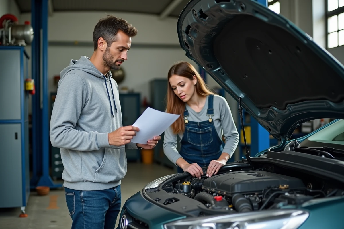 Propriétaire de voiture montrant un document à un mécanicien lors d'un diagnostic de panne après achat