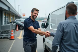 Employé de supermarché remettant les clés d'un utilitaire blanc à un client dans un parking de grande surface