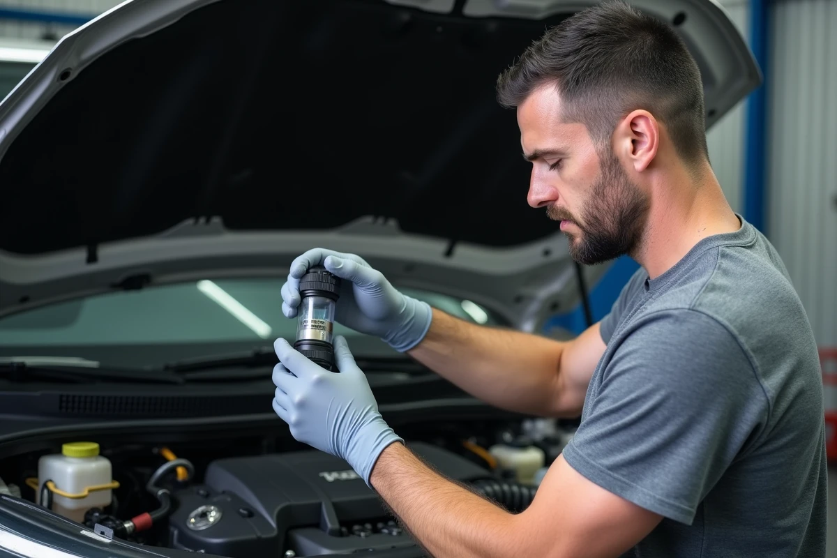 Mécanicien reconnectant la durite sur un filtre à gasoil neuf dans le compartiment moteur d'une Peugeot