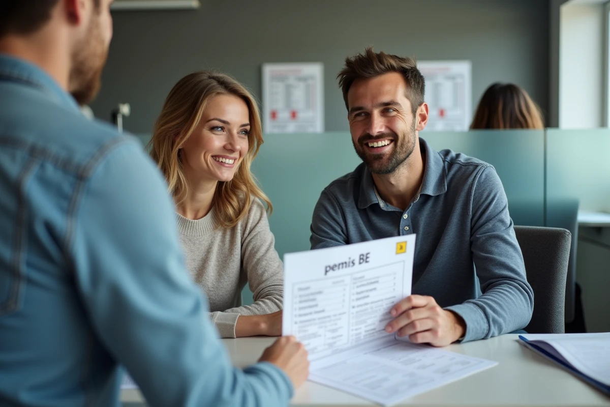 Couple en rendez-vous avec un moniteur d'auto-école pour se renseigner sur les démarches du permis BE