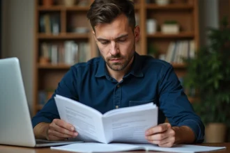 Homme révisant le code de la route pour le permis BE à son bureau avec un livret de code et un ordinateur portable