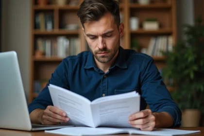 Homme révisant le code de la route pour le permis BE à son bureau avec un livret de code et un ordinateur portable