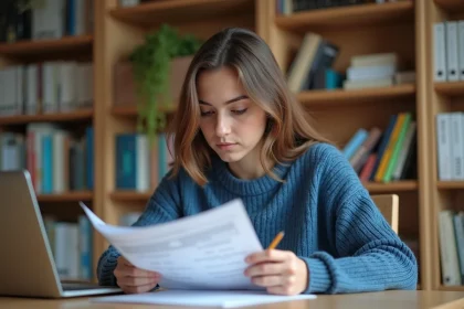 Jeune femme révisant les questions du permis de conduire 2026 avec un livret imprimé à son bureau