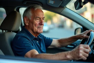 Senior de 70 ans au volant d'une voiture d'auto-école concentré pour passer son permis de conduire