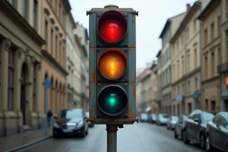 Feu de circulation tricolore en ville montrant la séquence rouge, orange et vert sur un carrefour européen