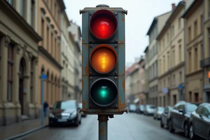 Feu de circulation tricolore en ville montrant la séquence rouge, orange et vert sur un carrefour européen