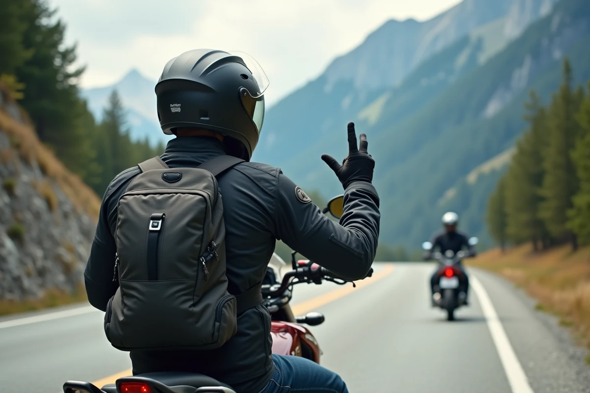 Motard en route de montagne faisant le signe de salutation deux doigts à un autre motard