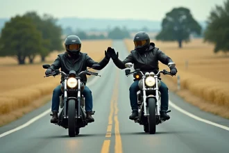 Deux motards qui se saluent avec le signe de la main en se croisant sur une route de campagne