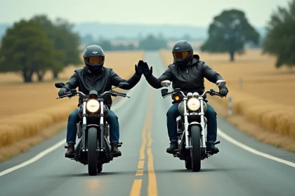 Deux motards qui se saluent avec le signe de la main en se croisant sur une route de campagne