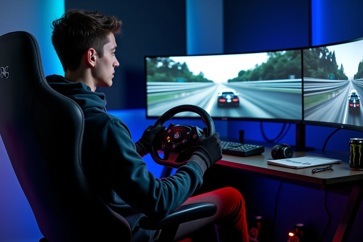 Joueur sur simulateur de course avec volant et écrans montrant un jeu vidéo de vitesse à 180 mph en km/h