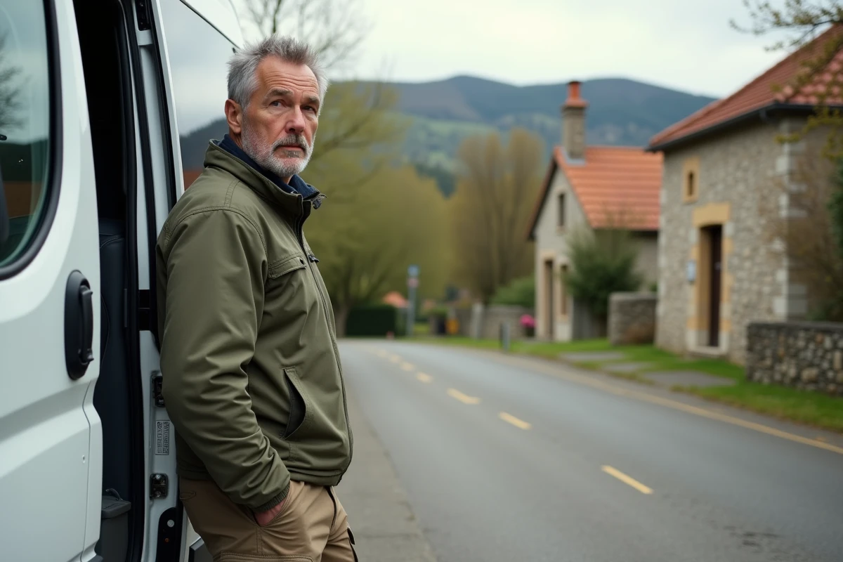 Homme debout près de son van aménagé garé dans un parking de village rural en France