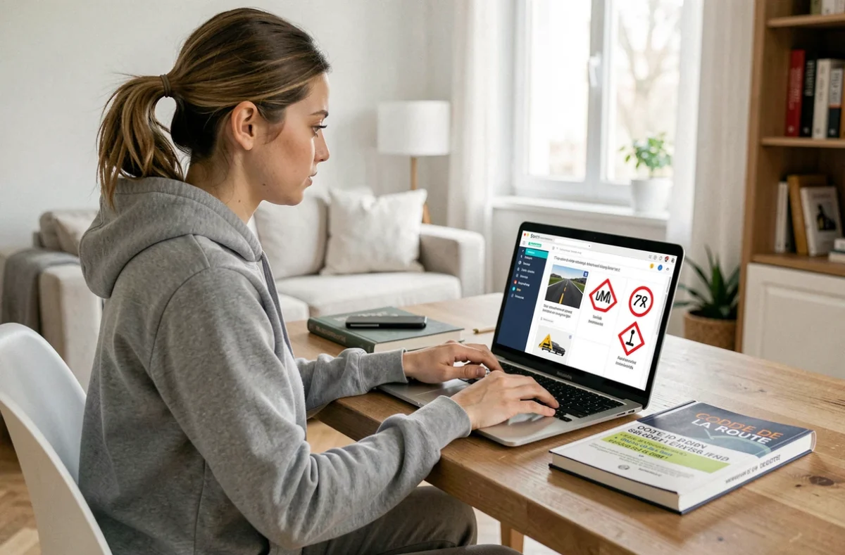Jeune femme suivant une formation en ligne Stych pour le permis de conduire depuis son appartement dans les Alpes-Maritimes