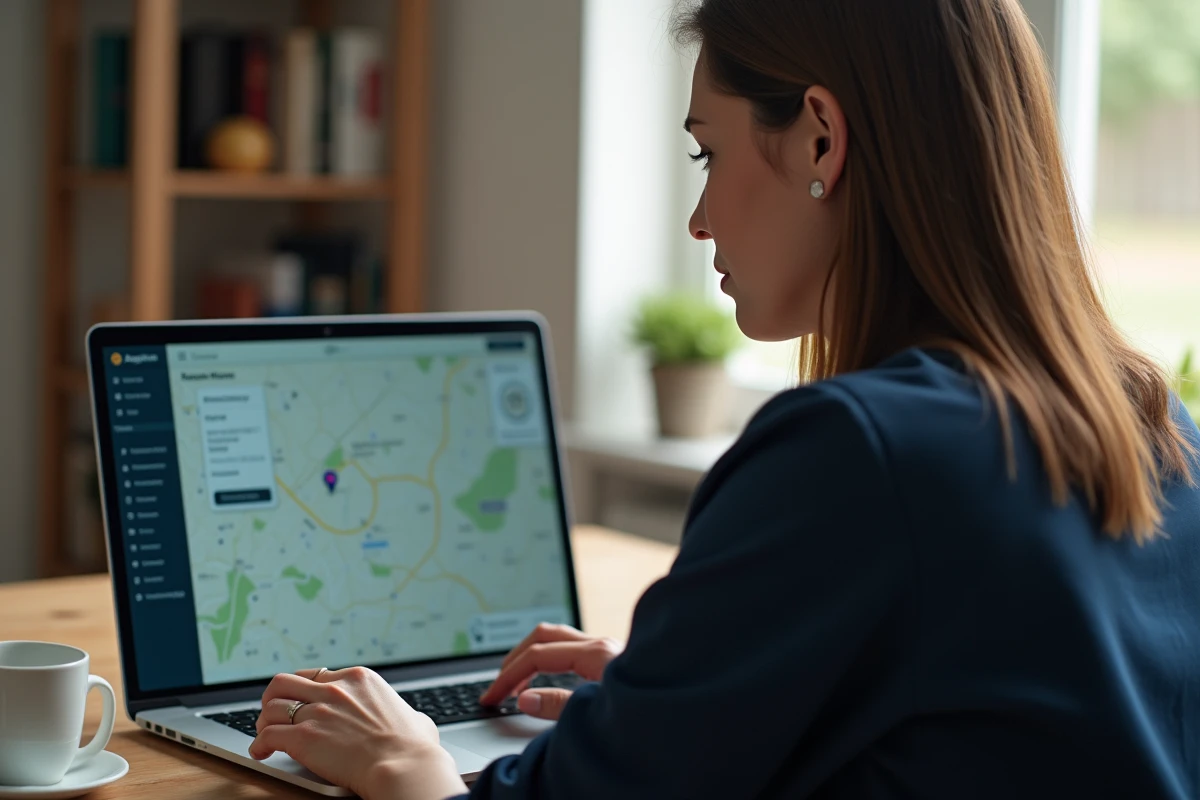 Femme utilisant un ordinateur portable pour surveiller la localisation de sa voiture en temps réel depuis son domicile