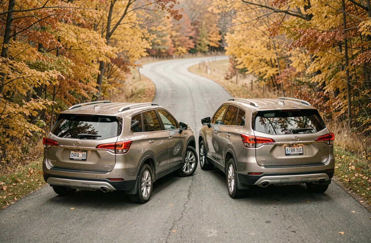 Deux SUV compacts comparés de dos sur une route de campagne entourée de feuillage automnal doré