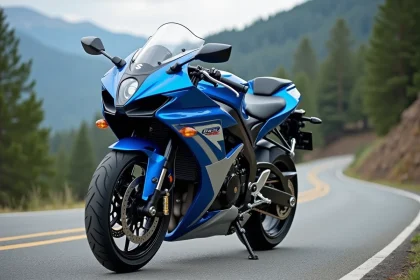 Suzuki GSXR garée sur une route de montagne sinueuse, vue trois-quarts avant avec carénage bleu métallisé et paysage forestier en arrière-plan