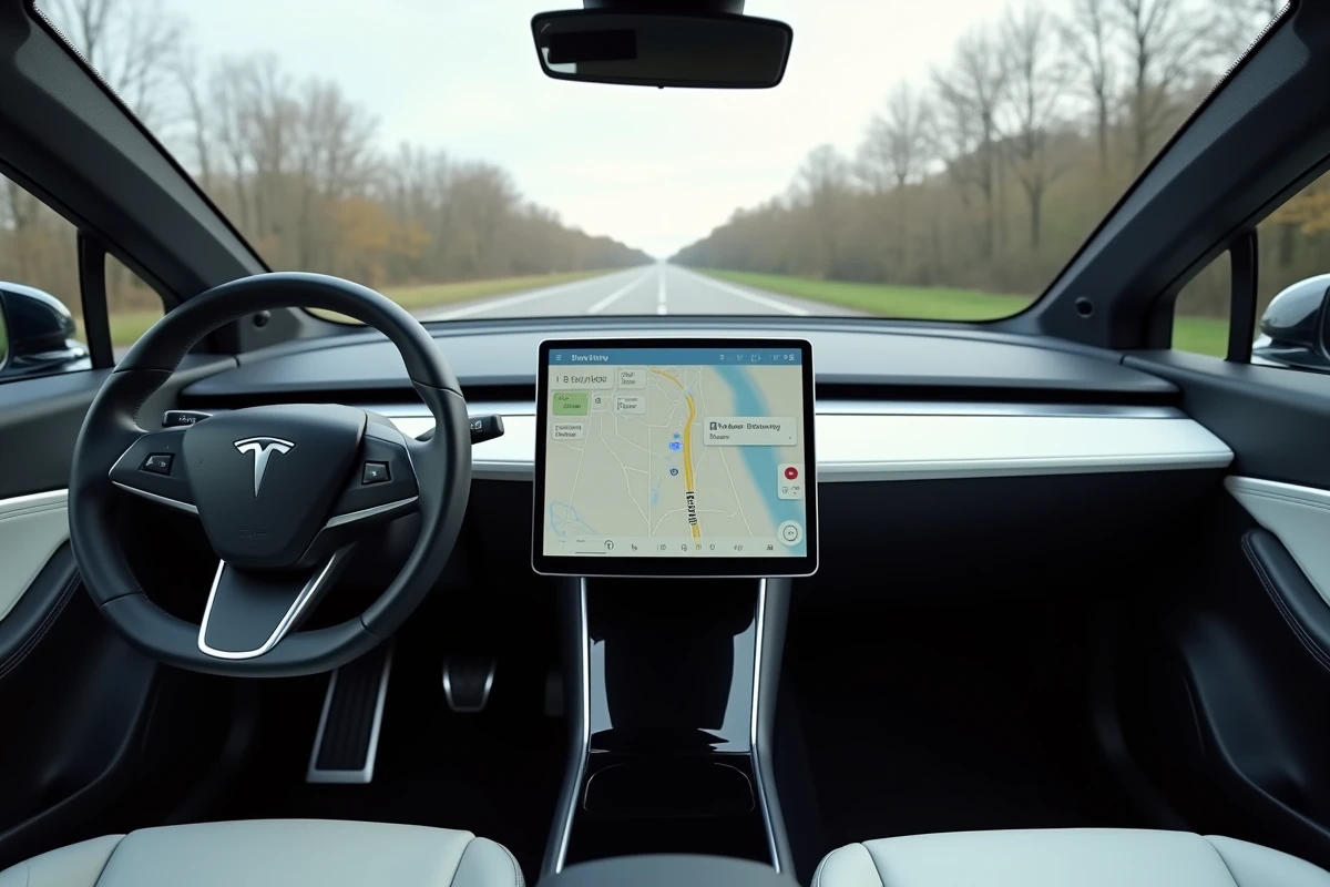 Tableau de bord d'une voiture électrique affichant l'autonomie restante et l'itinéraire sur écran tactile