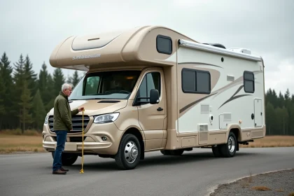 Homme mesurant un camping-car de classe C de 8 mètres garé sur un camping, vue 3/4 montrant la hauteur et la longueur du véhicule