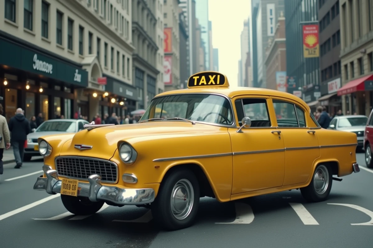 Taxi jaune classique stationné à une station de taxis en ville avec panneau lumineux sur le toit
