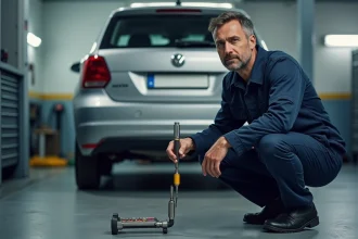 Technicien automobile effectuant un contrôle antipollution sur le pot d'échappement d'un véhicule dans un garage d'inspection