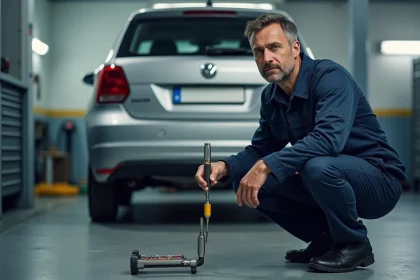 Technicien automobile effectuant un contrôle antipollution sur le pot d'échappement d'un véhicule dans un garage d'inspection