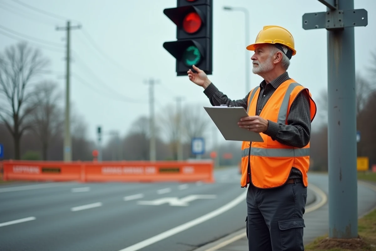 Technicien de signalisation routière inspectant un feu tricolore nouvellement installé à une intersection
