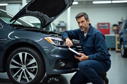 Technicien automobile inspectant le moteur d'un véhicule lors d'une vérification de garantie constructeur dans un atelier de concessionnaire