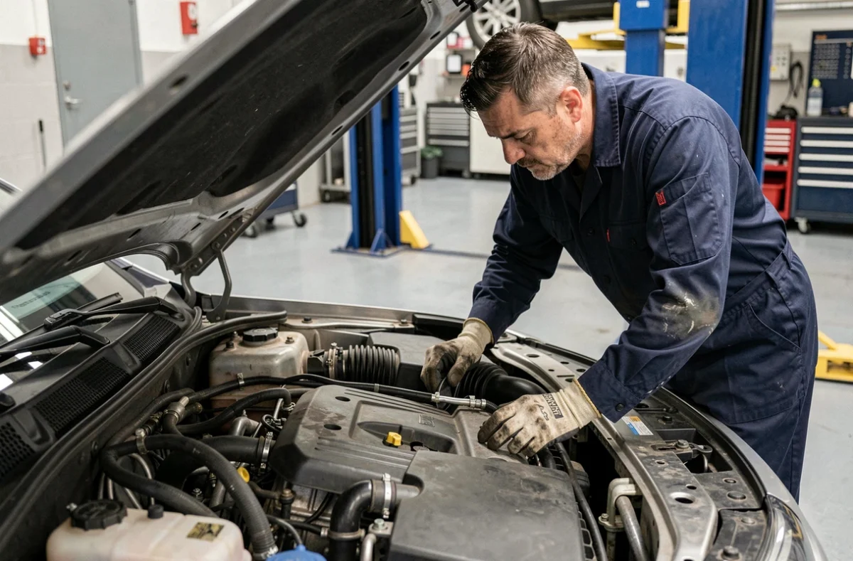 Technicien automobile inspectant le moteur diesel 1.5 BlueHDi 130 dans un garage professionnel, évoquant le diagnostic de fiabilité et d'entretien
