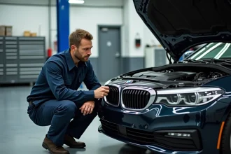 Technicien automobile inspectant le moteur d'une BMW dans un garage professionnel