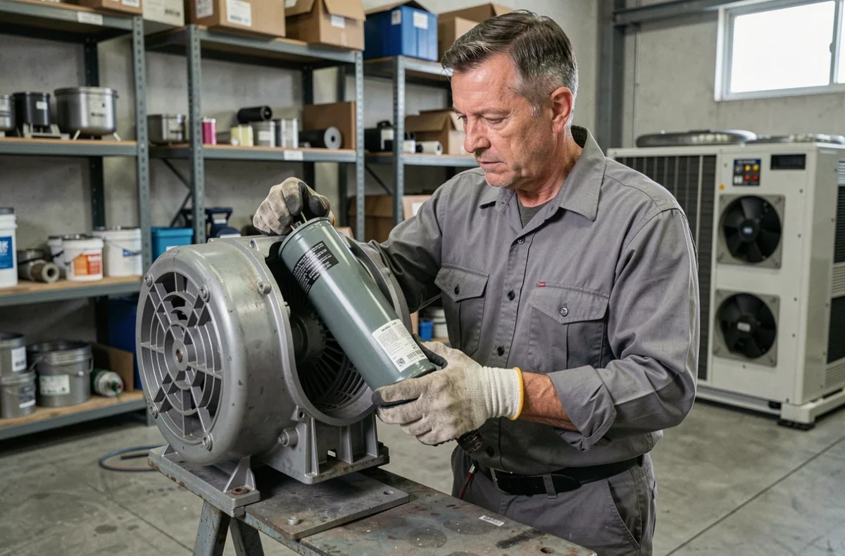 Technicien électricien remplaçant un condensateur permanent sur un moteur électrique dans un atelier de maintenance industrielle