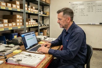Technicien automobile comparant une RTA papier et un logiciel de données professionnelles Haynes Pro sur un bureau d'atelier