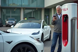Tesla Model 3 branchée sur une borne Supercharger dans un parking urbain moderne