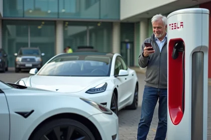 Tesla Model 3 branchée sur une borne Supercharger dans un parking urbain moderne