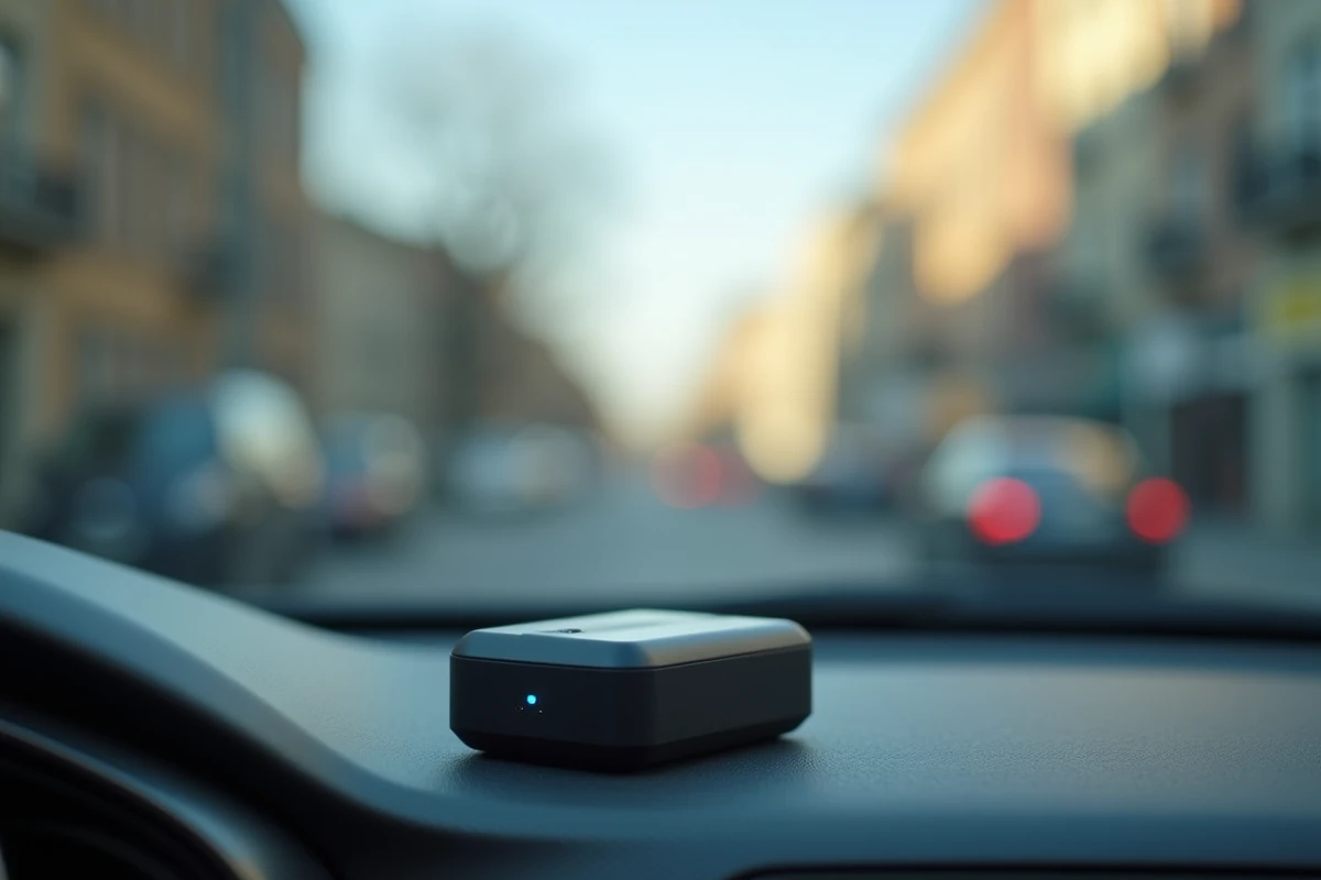 Traceur GPS OBD branché sur le tableau de bord d'une voiture pour localisation en temps réel