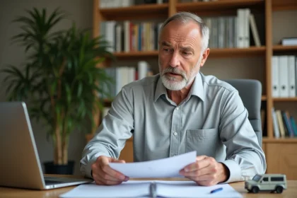 Homme consultant ses documents d'assurance auto pour vérifier le transfert de son bonus sans réclamation
