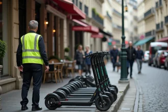 Inspecteur municipal observant des trottinettes électriques mal garées sur un trottoir parisien étroit