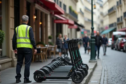 Inspecteur municipal observant des trottinettes électriques mal garées sur un trottoir parisien étroit