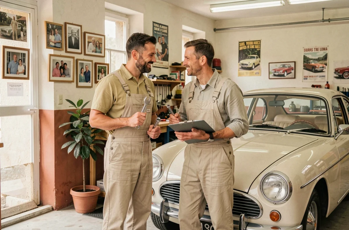 Père et fils mécaniciens de Vallet Automobiles à Tournus travaillant ensemble sur un véhicule